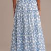 Clearance Floral Elastic Waist Tiered Midi Skirt Blue