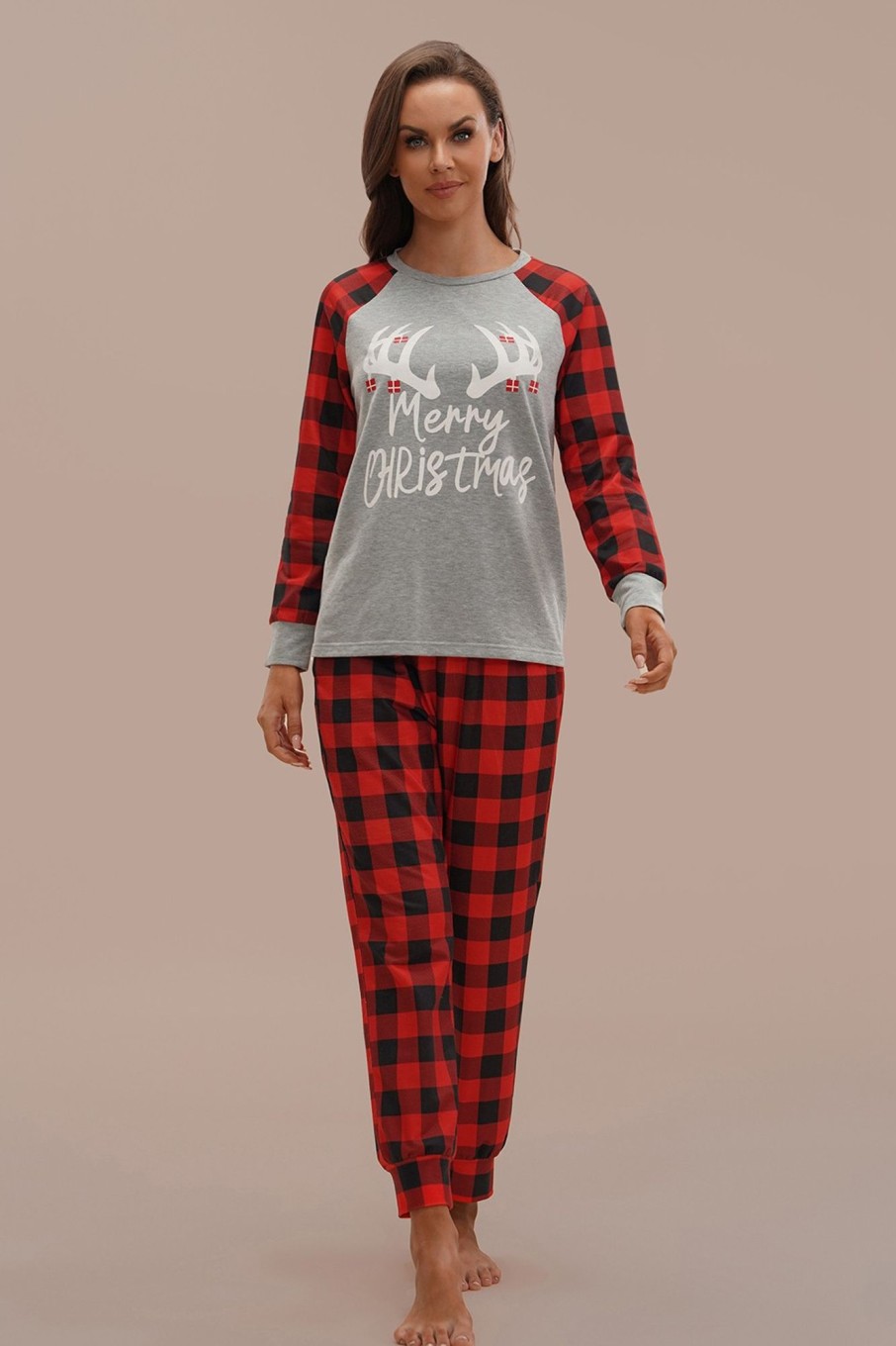 Wholesale Plaid Long Sleeve Round Neck Pj Set Multicolor