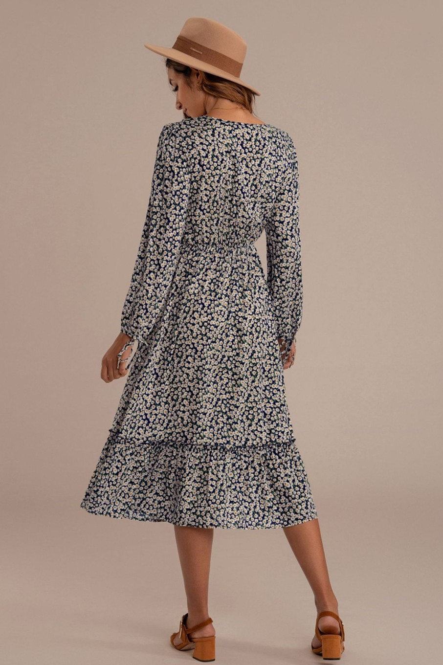 Best Floral Long Sleeve V Neck Buttons Midi Dress As Picture