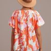 Best Orange Floral Round Neck Puff Short Sleeve Blouse Multi