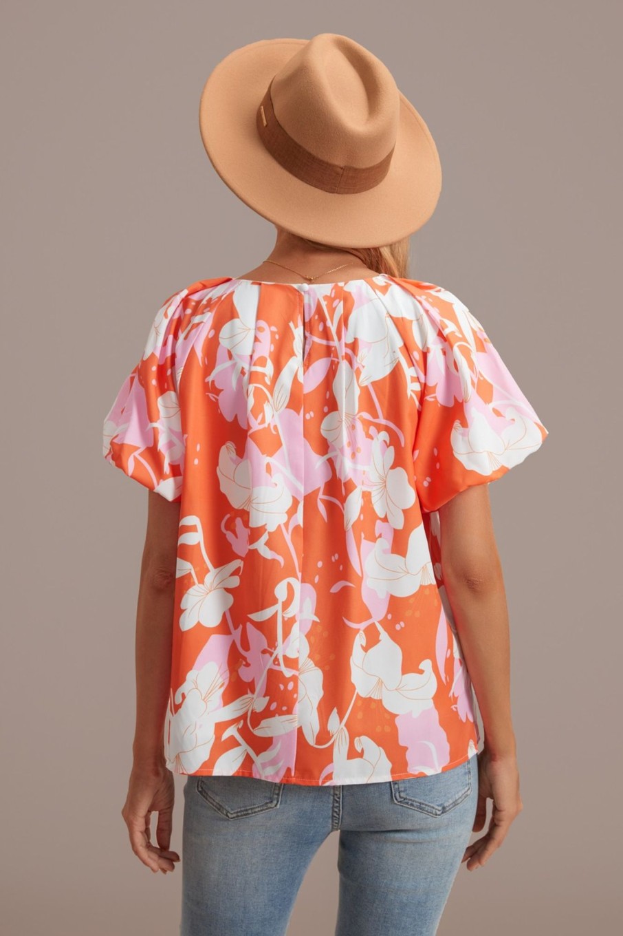 Best Orange Floral Round Neck Puff Short Sleeve Blouse Multi