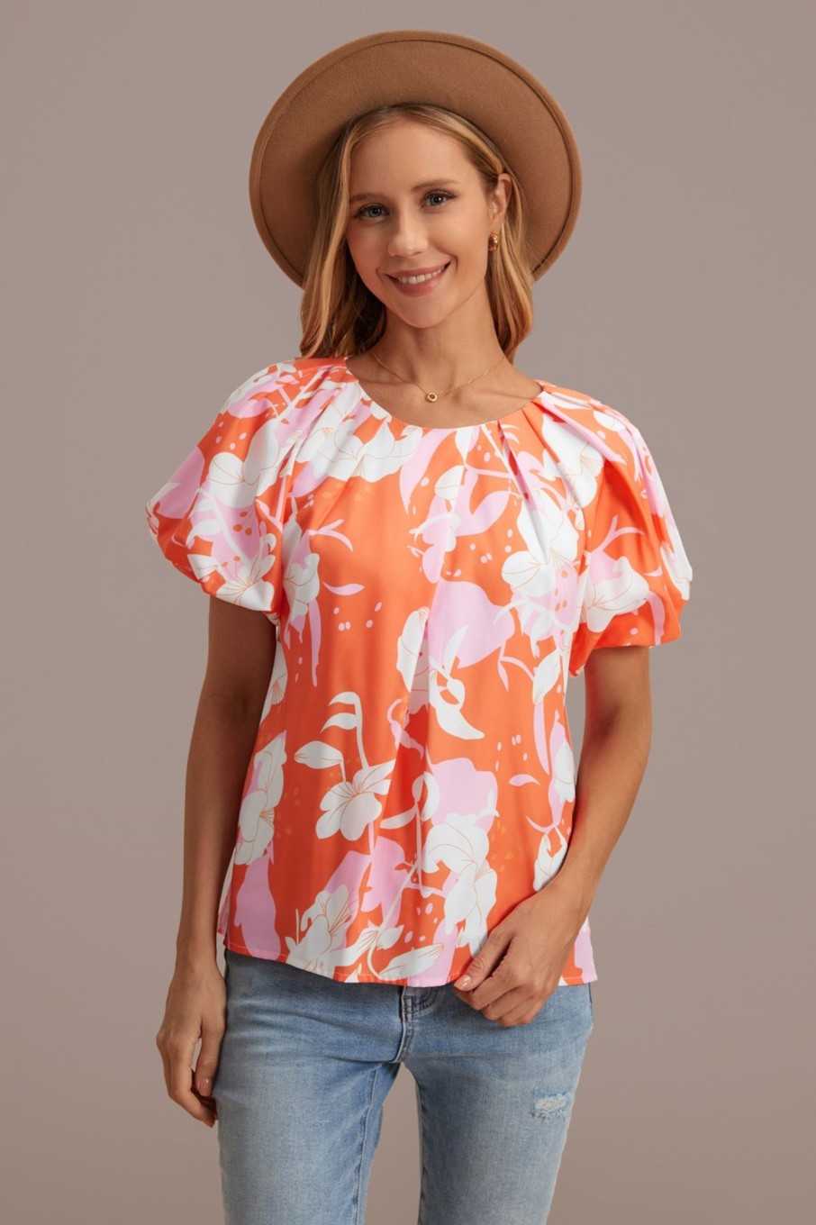 Best Orange Floral Round Neck Puff Short Sleeve Blouse Multi