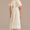 Wholesale Dot V Neck Short Ruffle Sleeve Smocked Midi Dress White