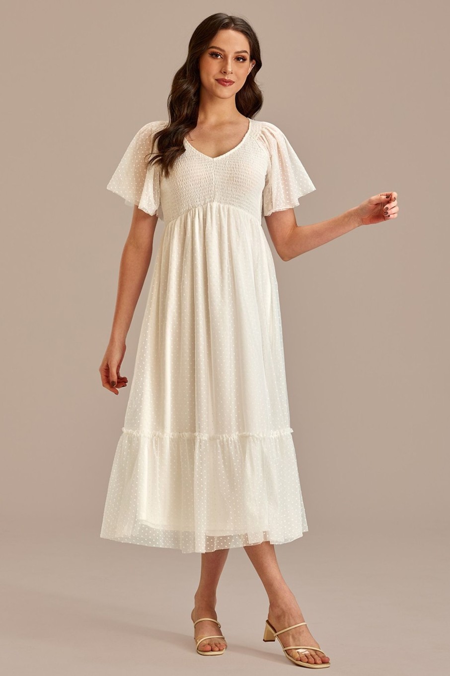 Wholesale Dot V Neck Short Ruffle Sleeve Smocked Midi Dress White