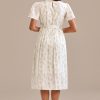 New Floral Short Sleeve Round Neck Waist Tie Pleated Midi Dress Olive