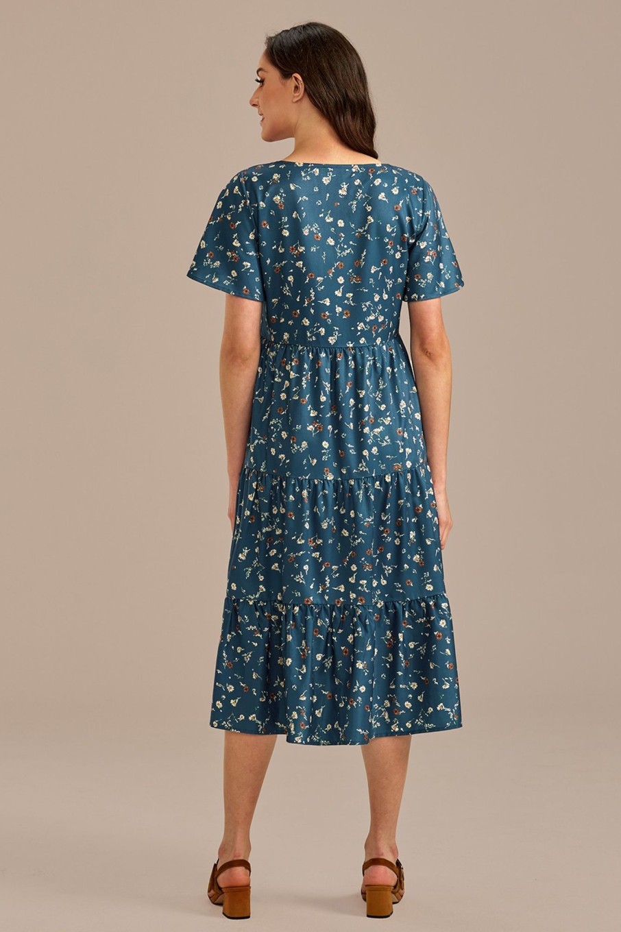 Online Floral Short Sleeve Round Neck Tiered Midi Dress Blue