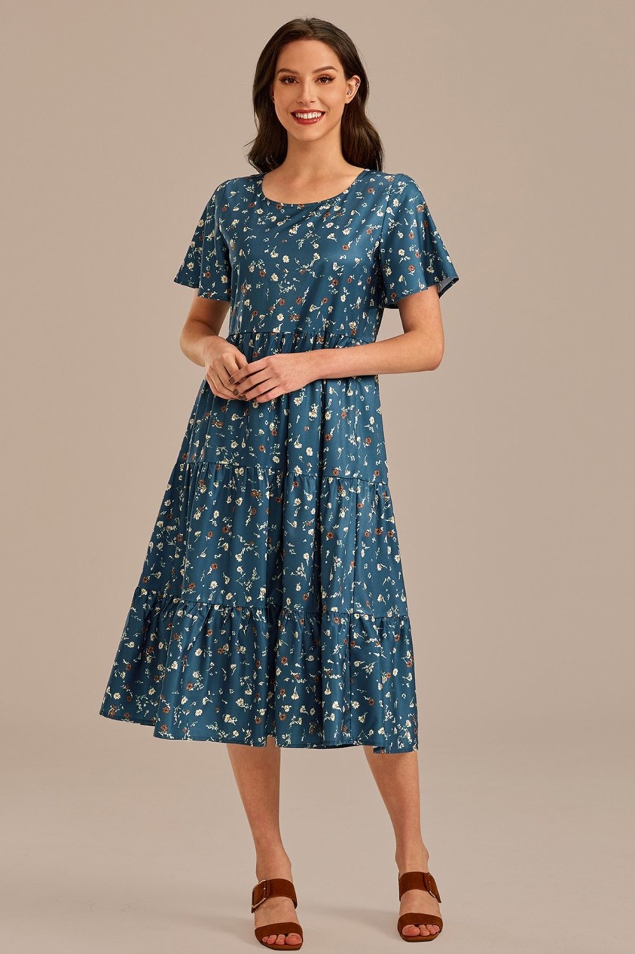 Online Floral Short Sleeve Round Neck Tiered Midi Dress Blue