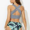 New Scoop Wide Straps And Leafy Mid Waist Bikini Set Stripe