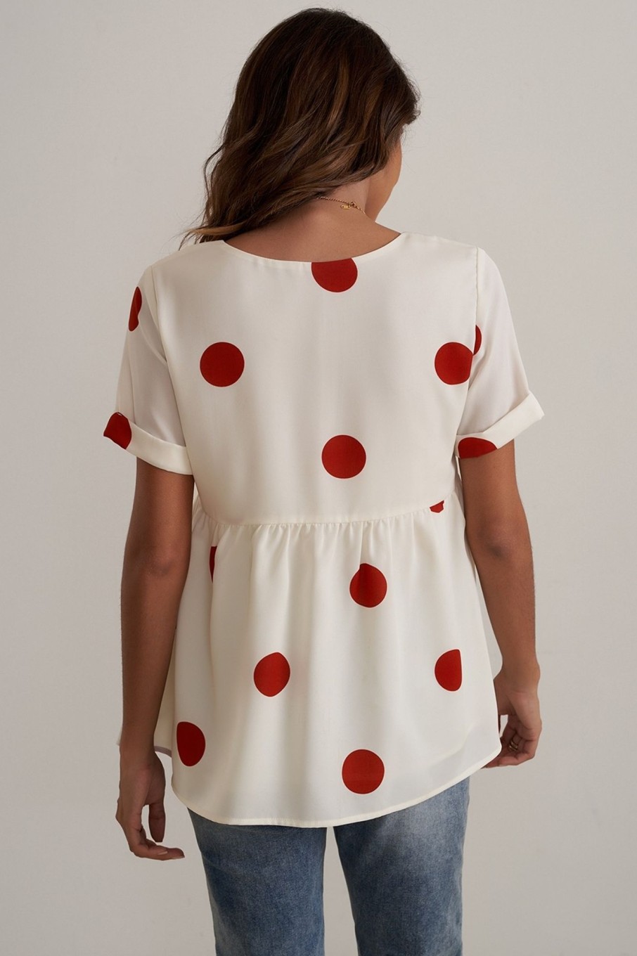 Clearance Short Sleeve V Neck Rust Polka Dots Blouse Ivory