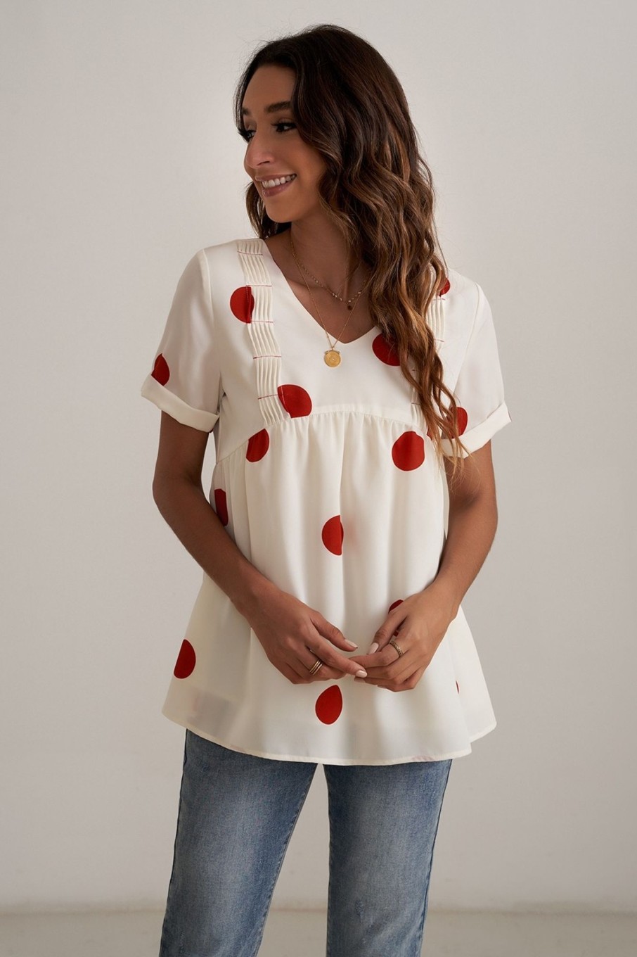 Clearance Short Sleeve V Neck Rust Polka Dots Blouse Ivory