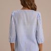 Clearance Stripe V Neck 3/4 Sleeve Ballon Sleeve Blouse Blue