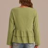 Best Green Cotton V Neck Long Sleeve Tiered Layer Peplum Blouse Olive Green