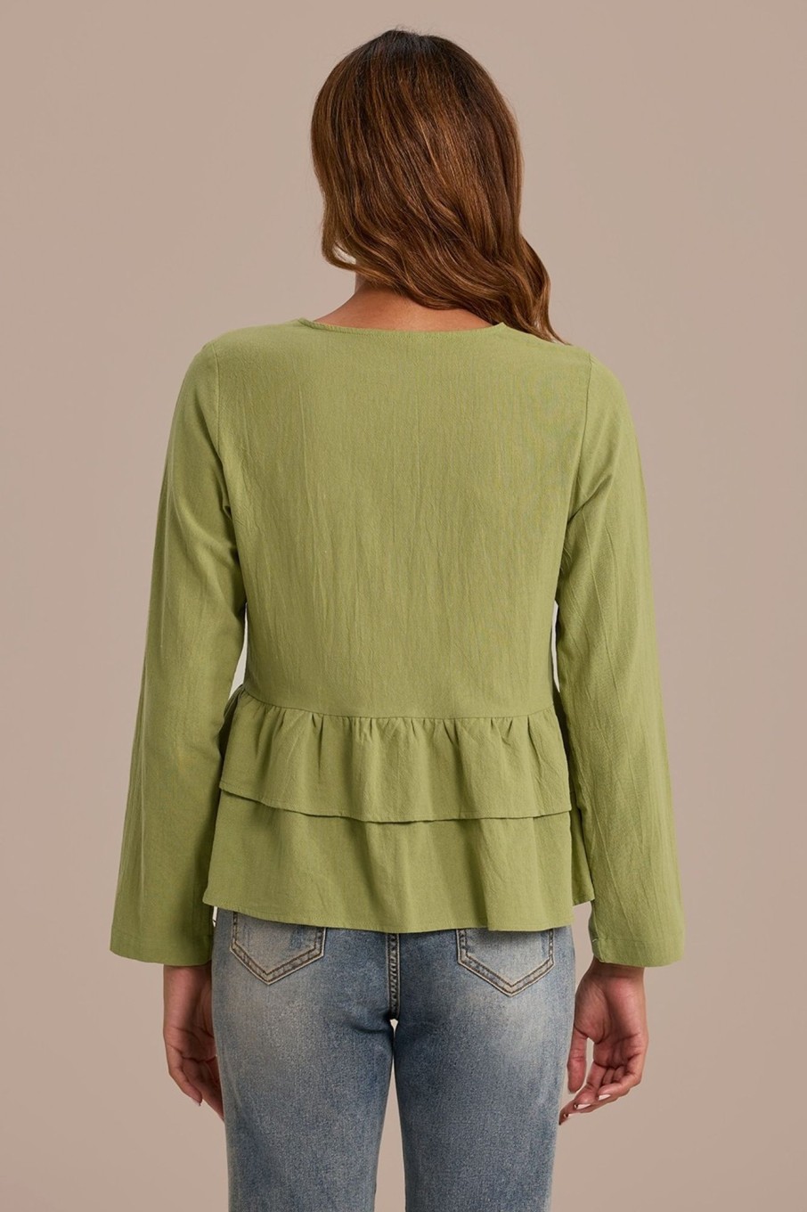 Best Green Cotton V Neck Long Sleeve Tiered Layer Peplum Blouse Olive Green