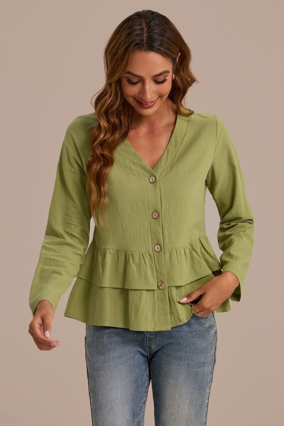 Best Green Cotton V Neck Long Sleeve Tiered Layer Peplum Blouse Olive Green