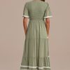 Wholesale V Neck Short Sleeve Swiss Dots Smocked Tiered Midi Dress Olive