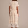 Clearance Lace Short Sleeve Round Neck Midi Dress With Zipper Back Beige