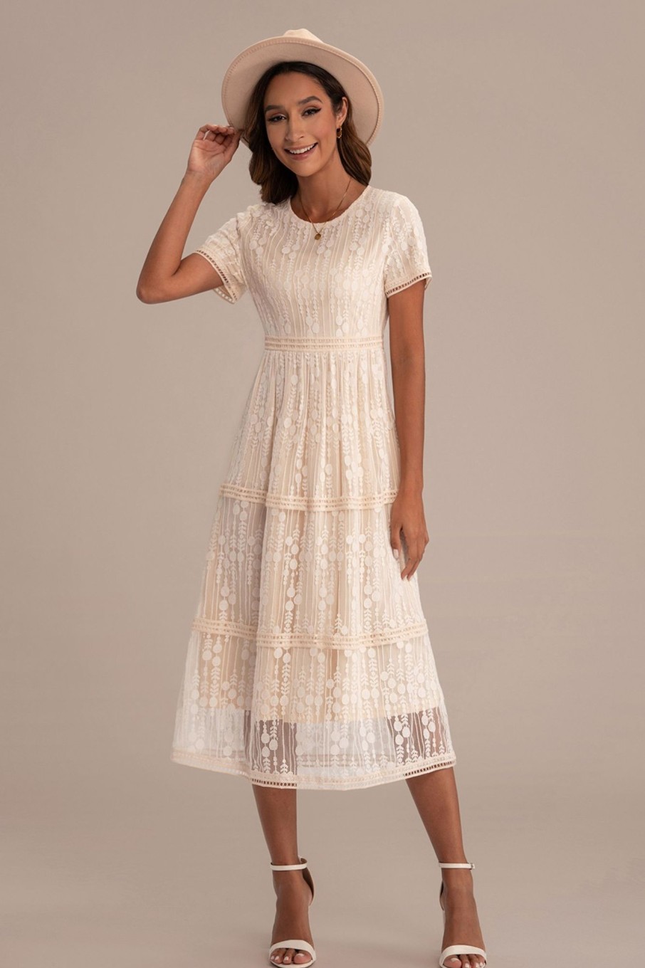 Clearance Lace Short Sleeve Round Neck Midi Dress With Zipper Back Beige