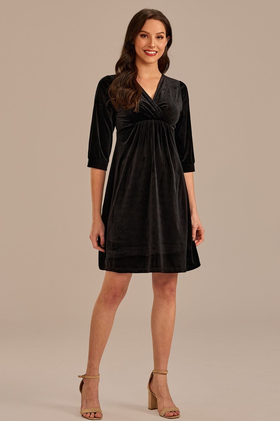 Clearance 3/4 Sleeve V Neck Midi Dress Black