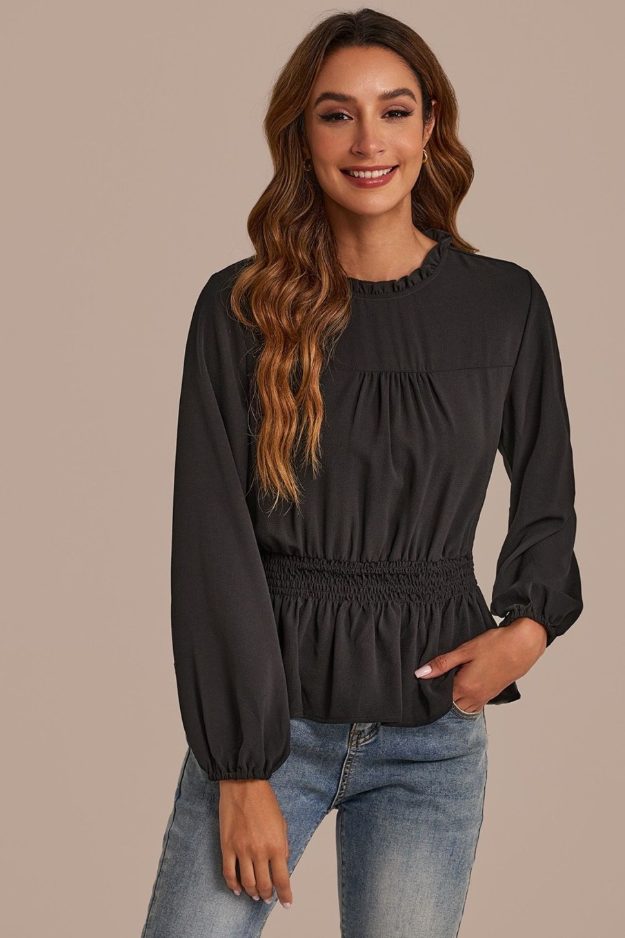 Hot High Neck Long Bubble Sleeves Peplum Top Black