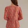 Hot Floral V Neck Long Sleeve Smocked Blouse Rust