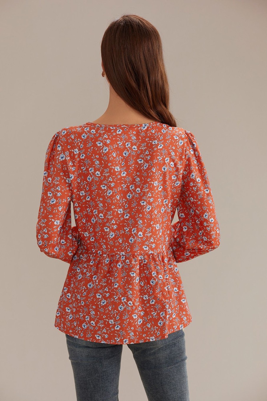 Hot Floral V Neck Long Sleeve Smocked Blouse Rust