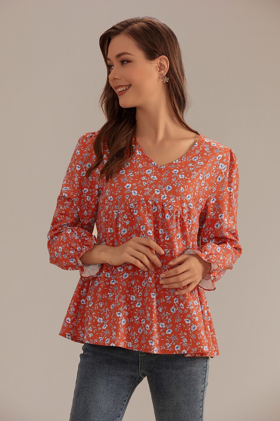 Hot Floral V Neck Long Sleeve Smocked Blouse Rust