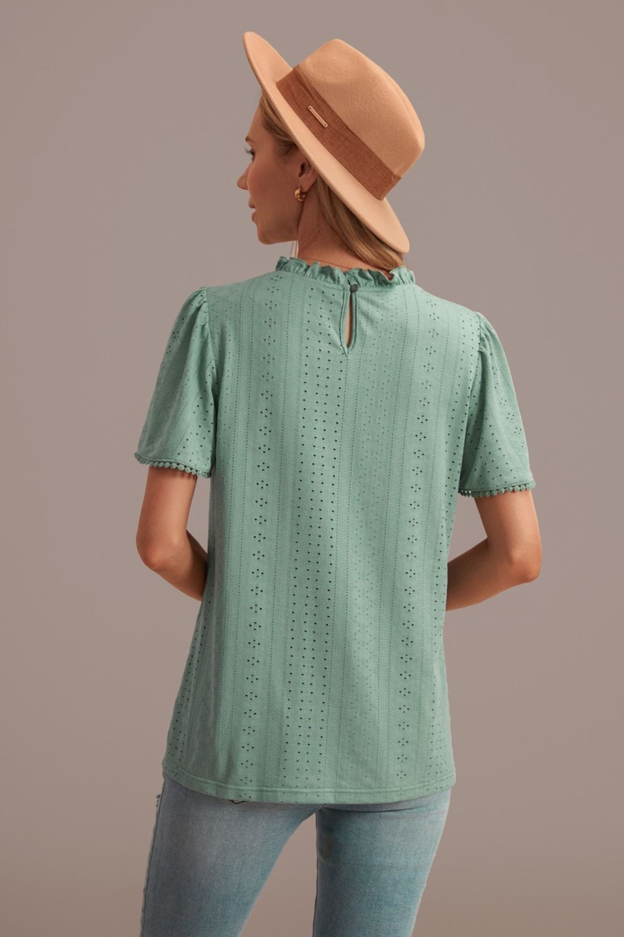 New Hollow Ruffle Round Neck Short Sleeve Blouse Green