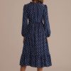 Wholesale Blue Long Sleeve Round Neck Polka Dot Midi Dress Rayal Blue