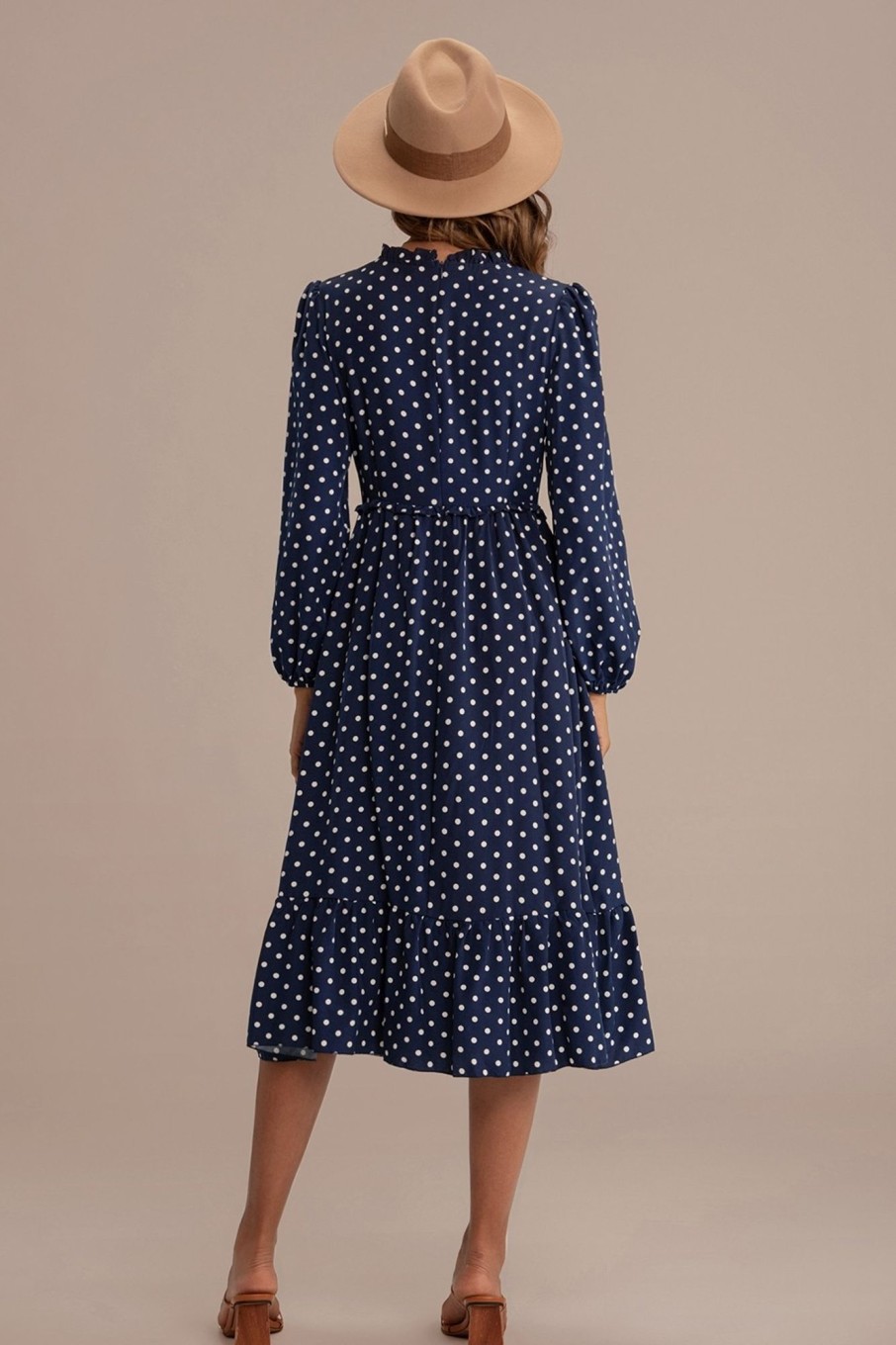 Wholesale Blue Long Sleeve Round Neck Polka Dot Midi Dress Rayal Blue