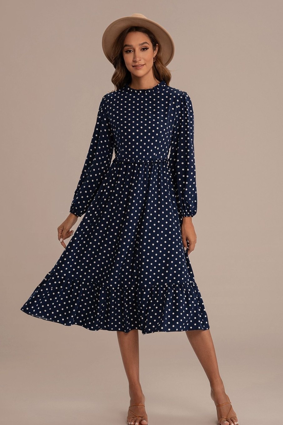 Wholesale Blue Long Sleeve Round Neck Polka Dot Midi Dress Rayal Blue