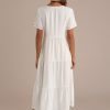 Wholesale White Floral Embroidered Short Sleeve Round Neck Tiered Midi Dress Cream