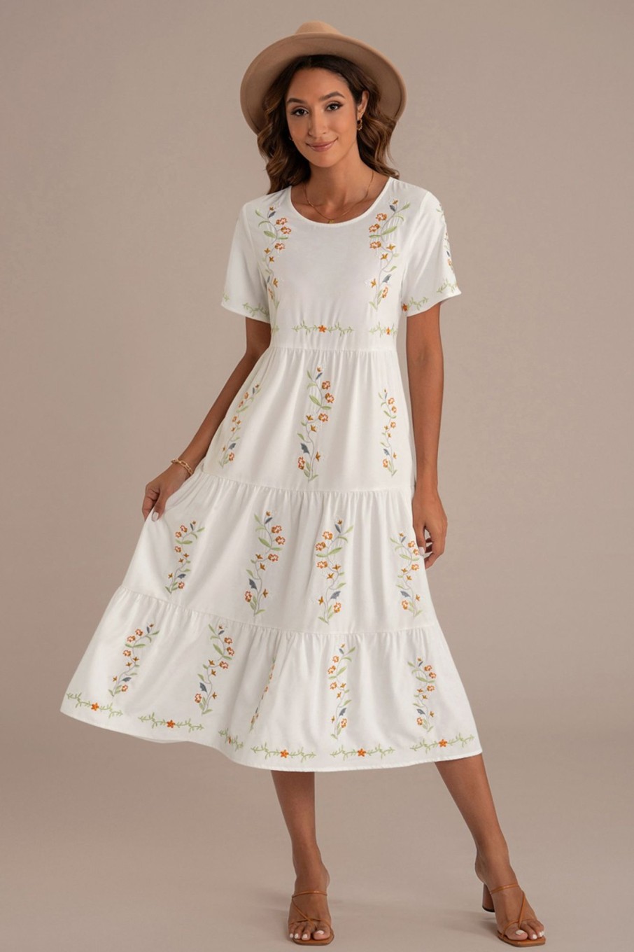 Wholesale White Floral Embroidered Short Sleeve Round Neck Tiered Midi Dress Cream