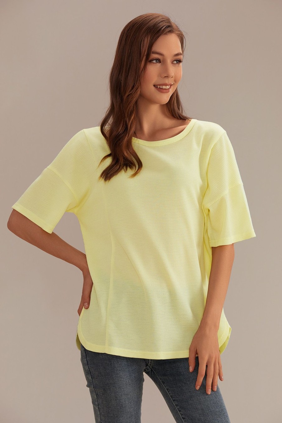 Clearance Round Neck Short Sleeve Blouse Shirt Yellow