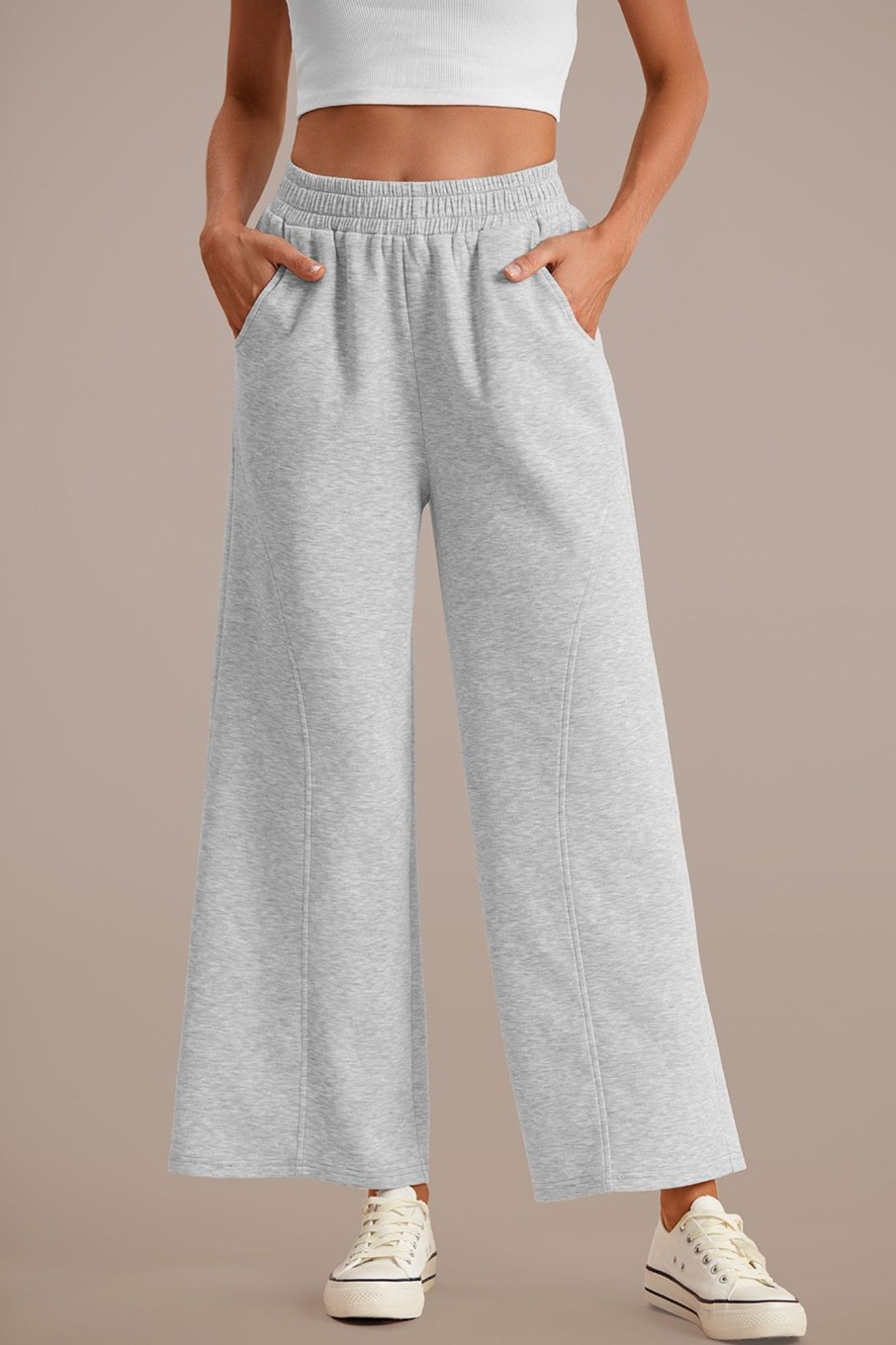 Wholesale Elastic Waist Wide Leg Pocketed Sweatpants Grey