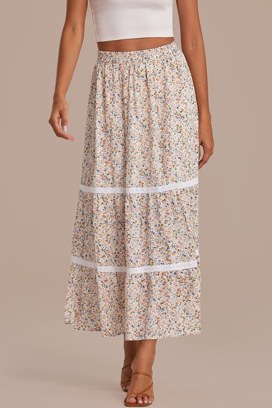 Best Floral Casual Elastic Waist Tiered Midi Skirt Multi