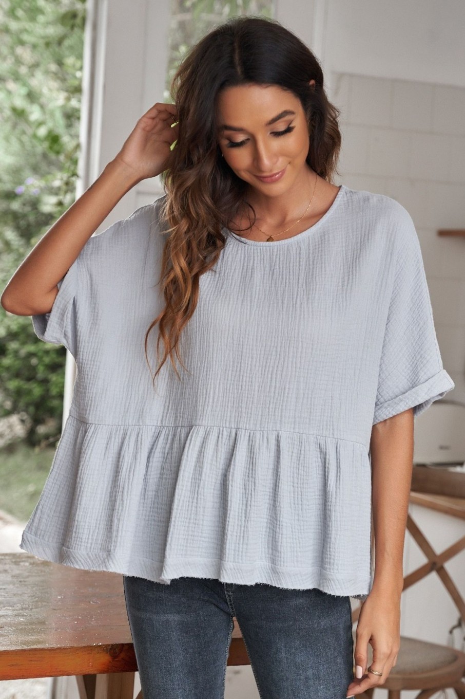 Best Casual Short Ruffle Sleeve Round Neck Blouse Grey