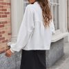 Online Casual Raw Hem Long Sleeve Classic Neck Pockets Shirt Top White