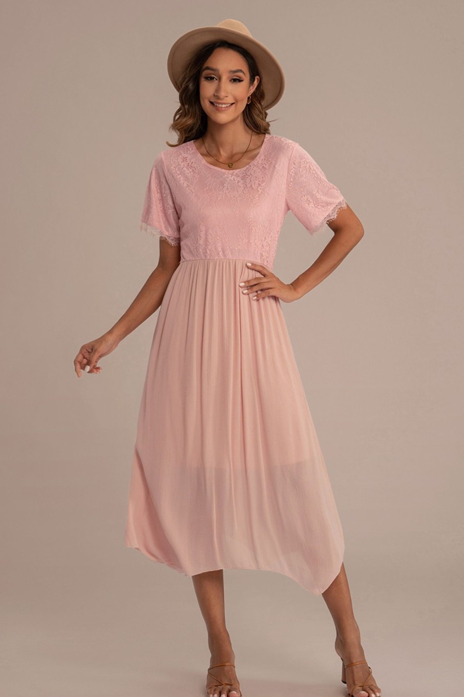 Clearance Short Sleeve Round Neck Midi Dress Pink