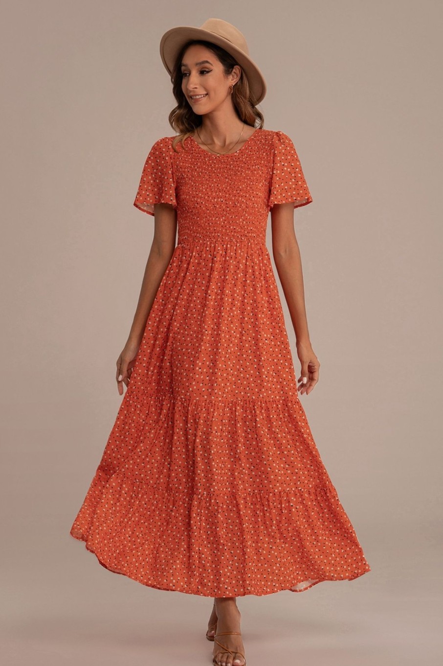 New Short Sleeve Round Neck Spring Summer Maxi Dress Rust