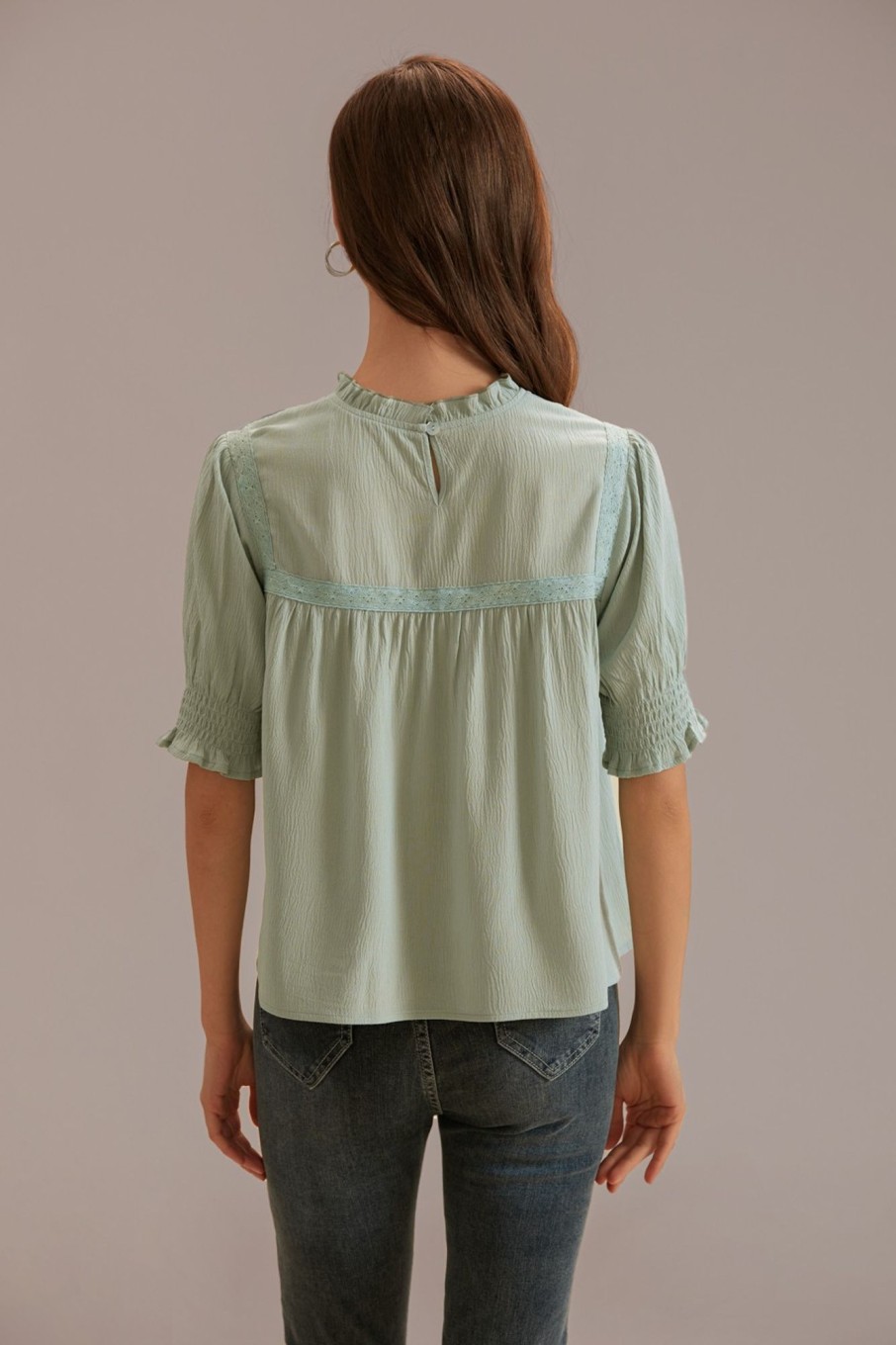 Online Ruffle Mock Neck Short Sleeve Blouse Sea Foam