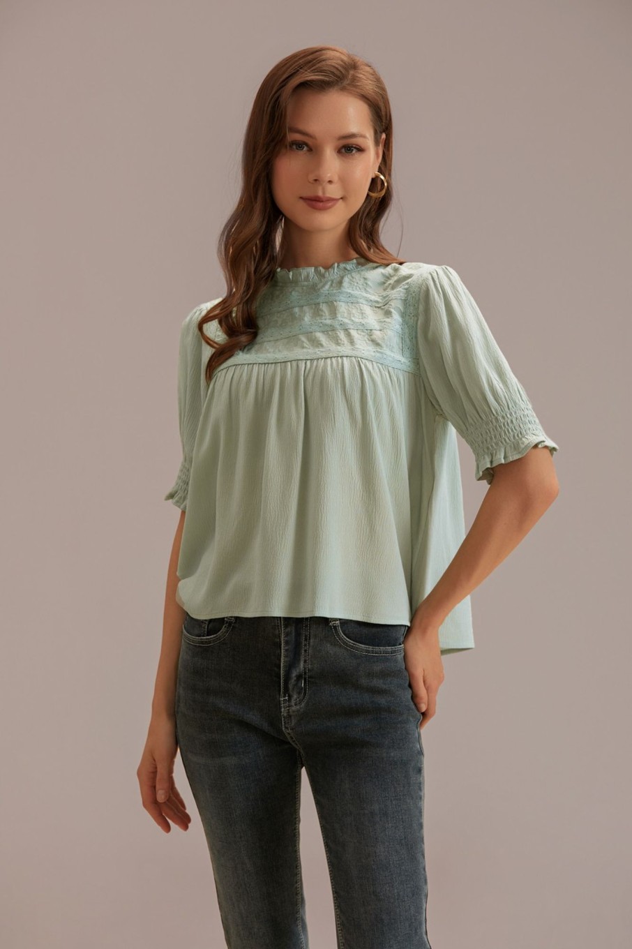 Online Ruffle Mock Neck Short Sleeve Blouse Sea Foam