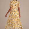 Wholesale Lemon Pattern Print Short Sleeve High Ruffle Neck Smocked Midi Dress Yellow