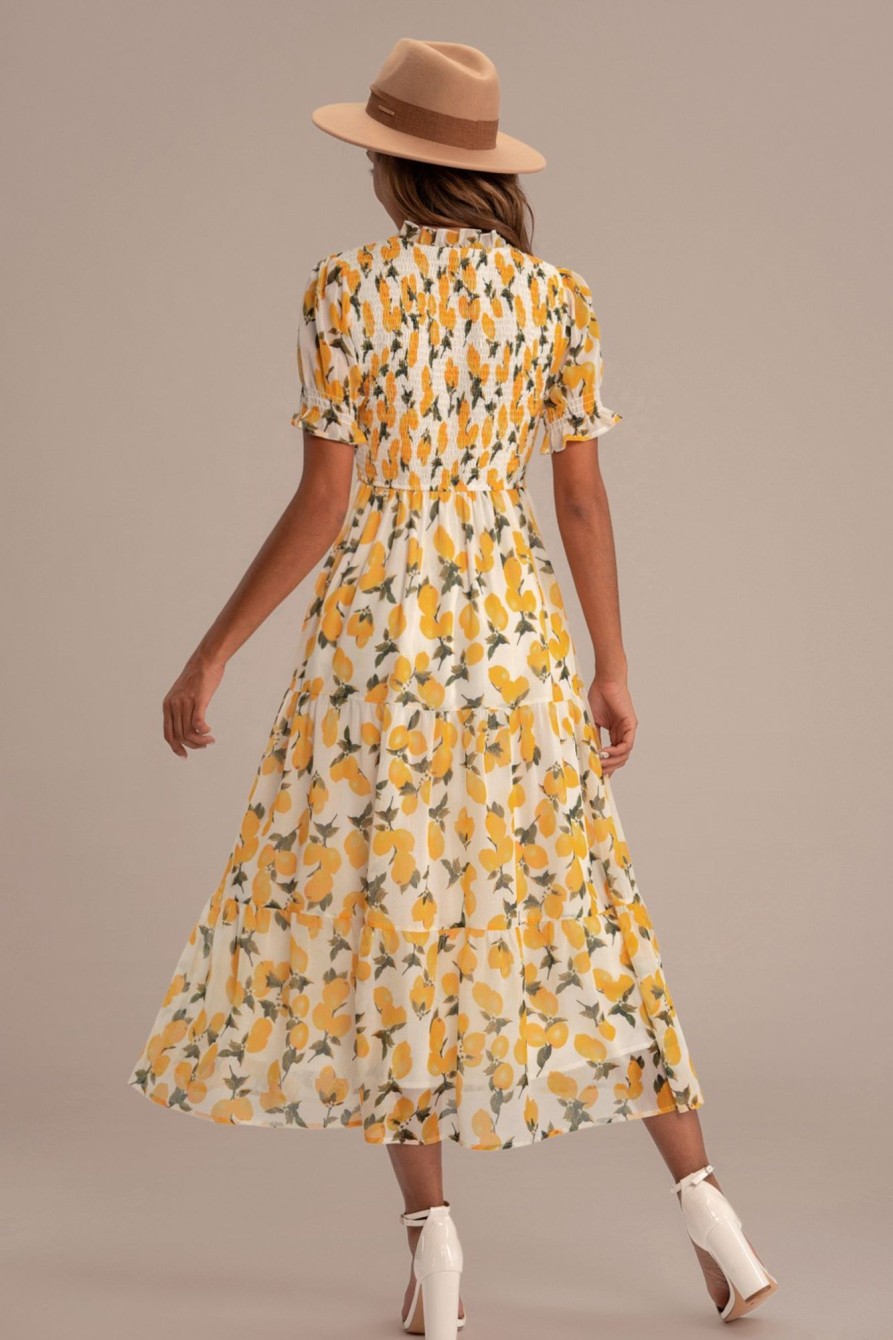 Wholesale Lemon Pattern Print Short Sleeve High Ruffle Neck Smocked Midi Dress Yellow