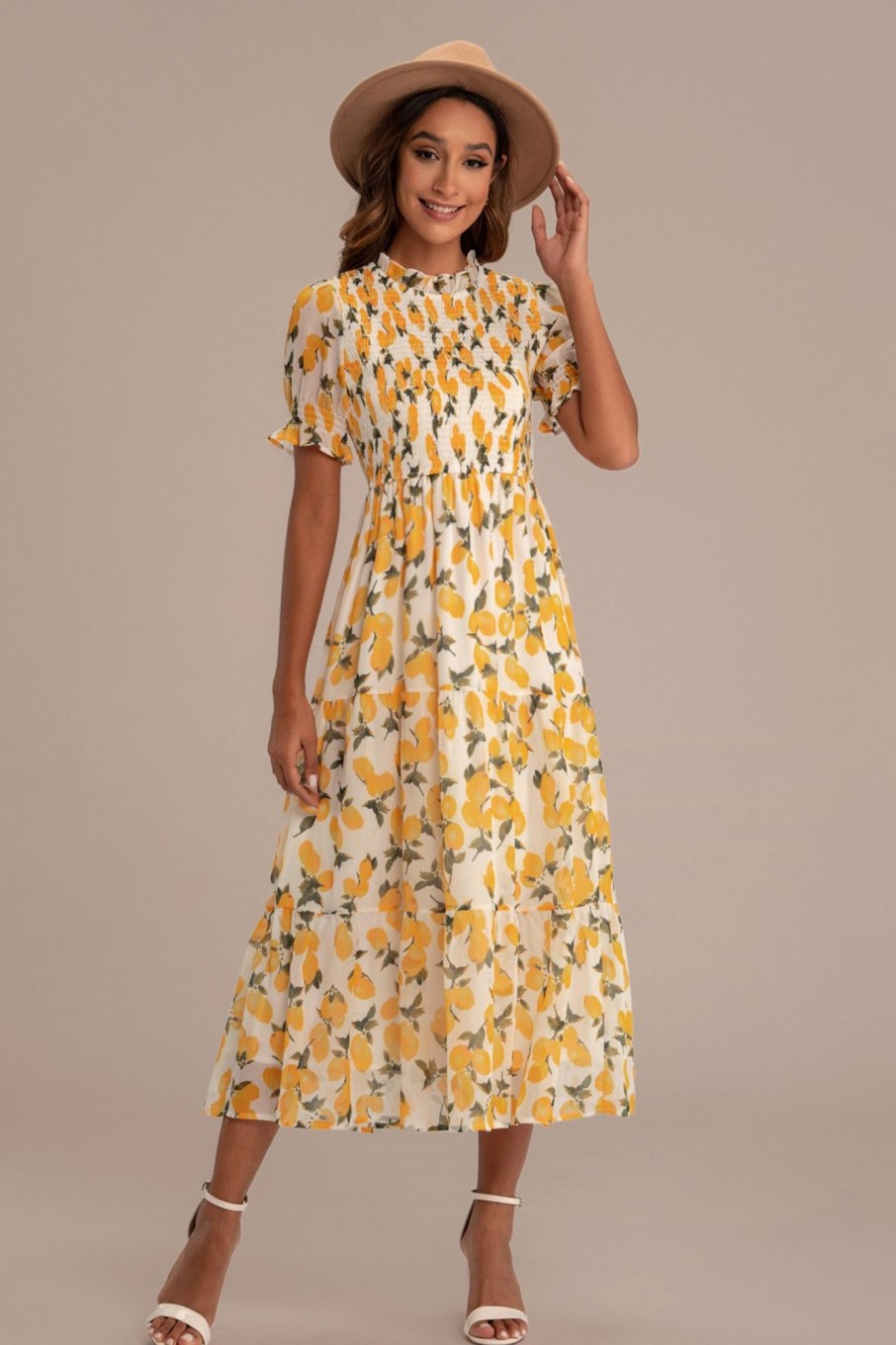 Wholesale Lemon Pattern Print Short Sleeve High Ruffle Neck Smocked Midi Dress Yellow