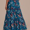 Best Floral Elastic Waist Ruffle Tiered Maxi Skirt Teal Blue