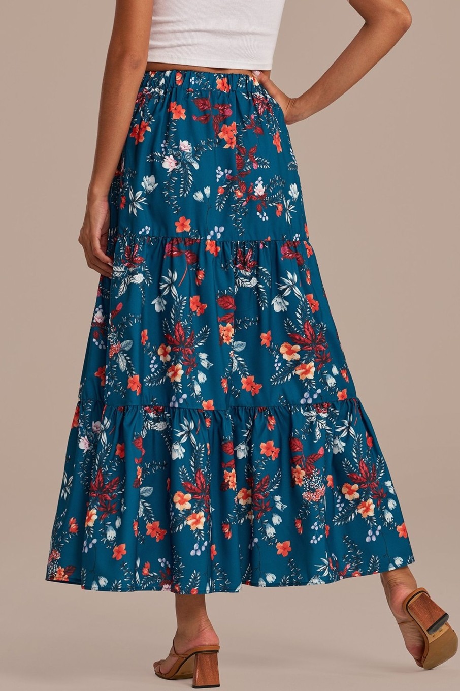 Best Floral Elastic Waist Ruffle Tiered Maxi Skirt Teal Blue