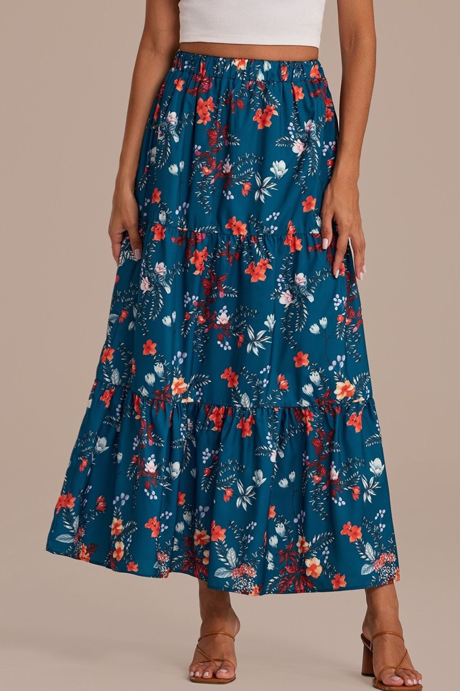 Best Floral Elastic Waist Ruffle Tiered Maxi Skirt Teal Blue