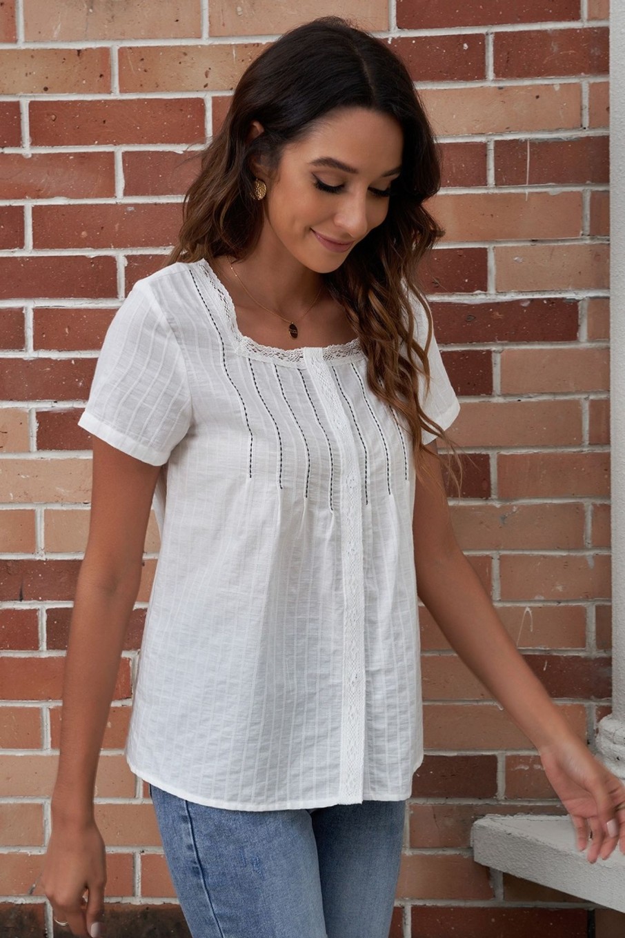 Clearance Short Sleeve Square Neck Button Down Blouse White