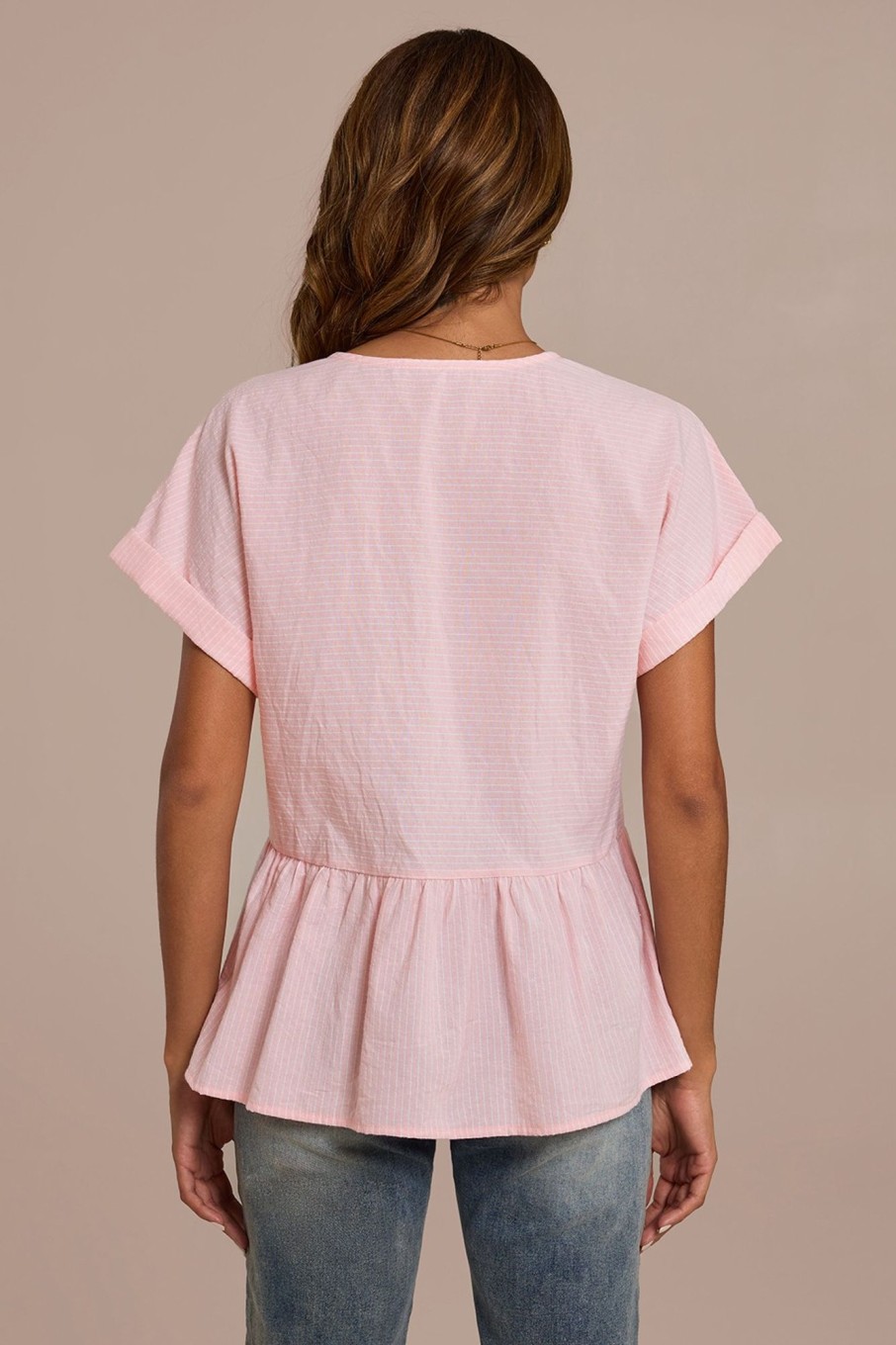 Clearance V Neck Button Front Peplum Top Light Pink