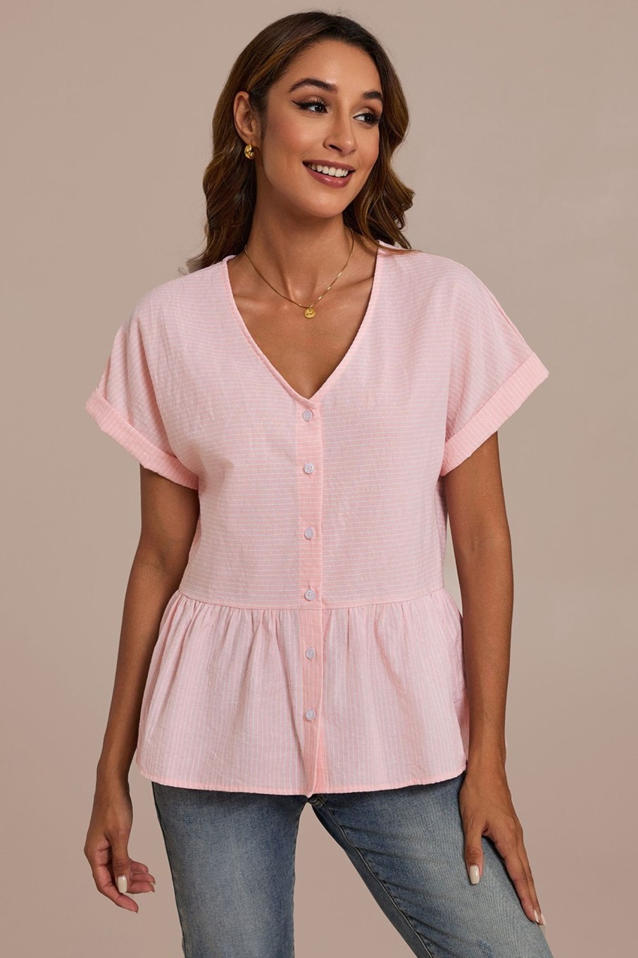 Clearance V Neck Button Front Peplum Top Light Pink